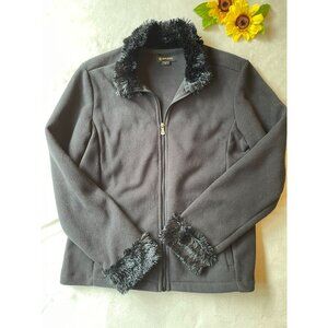 E-Studio Womens Fleece Jacket With Faux Fur Trim Size L Y2K Black